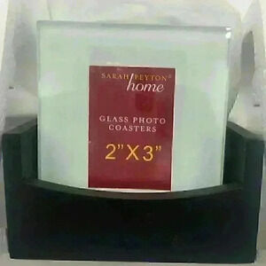 Set of‎ 4 Frosted Glass Photo Coasters with Wood Stand by Sarah Peyton Home
